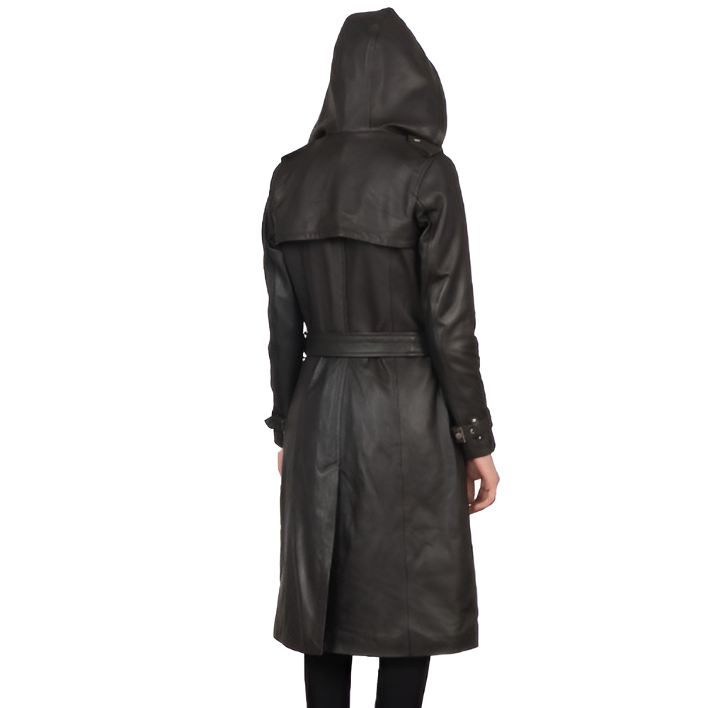 Women's Belted Black Leather Trench Coat