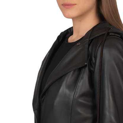 Women's Belted Black Leather Trench Coat