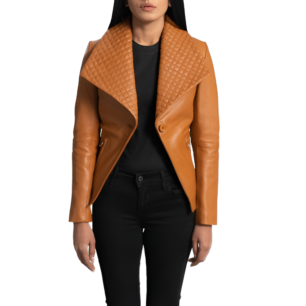 Tan Quilted Collar Leather Jacket