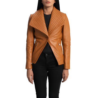 Tan Quilted Collar Leather Jacket