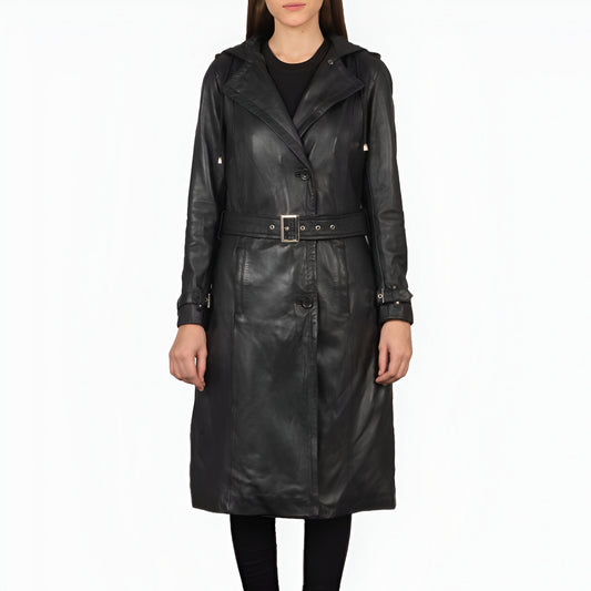 Women's Hooded Belted Black Leather Trench Coat