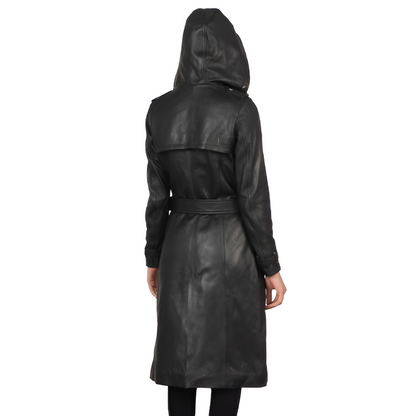 Women's Hooded Belted Black Leather Trench Coat