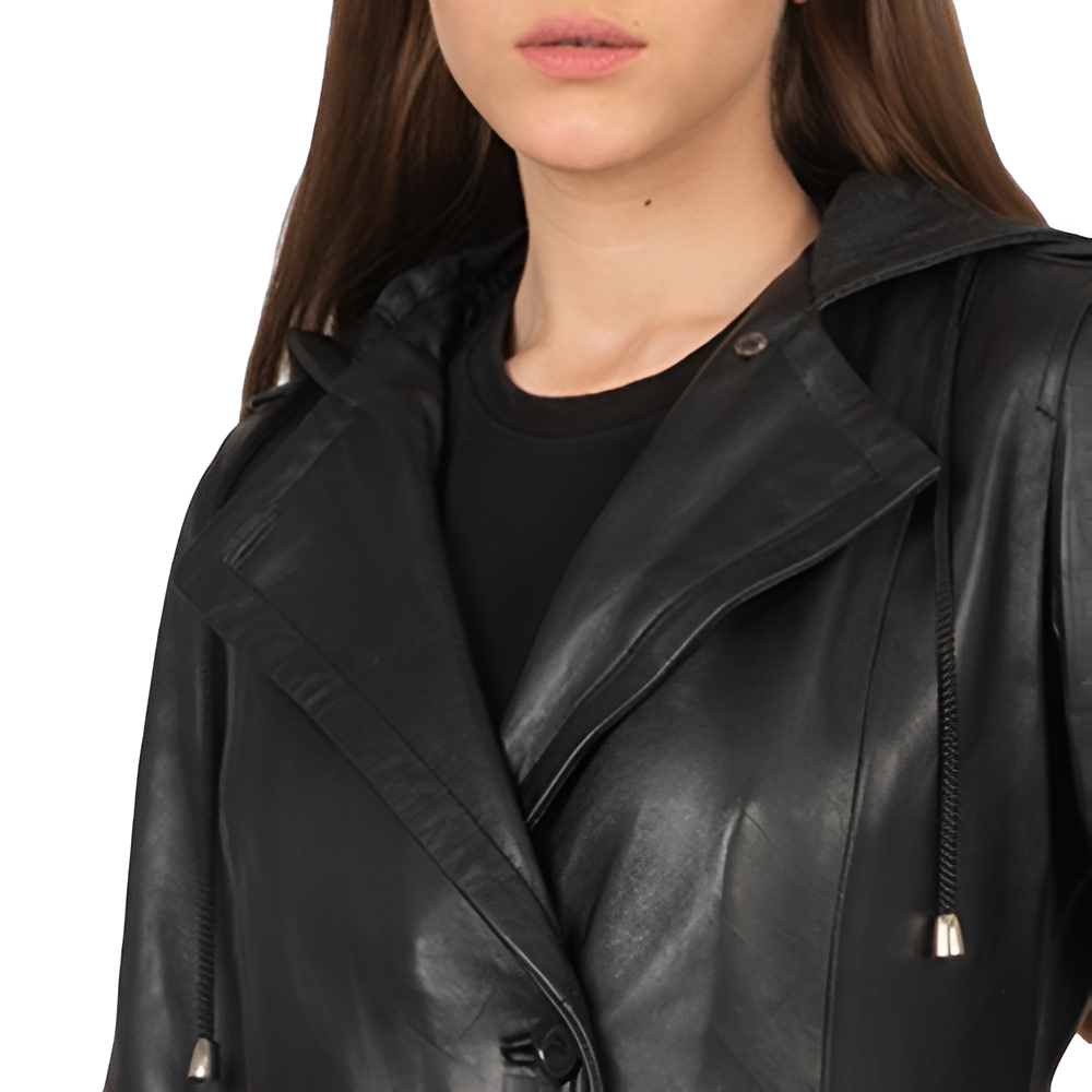 Women's Hooded Belted Black Leather Trench Coat