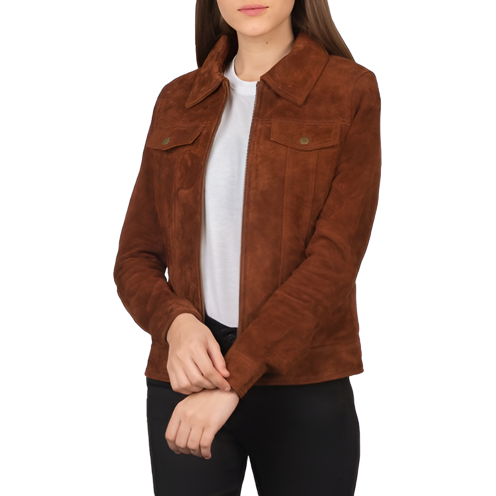 Brown Suede Leather Zip-Up Jacket