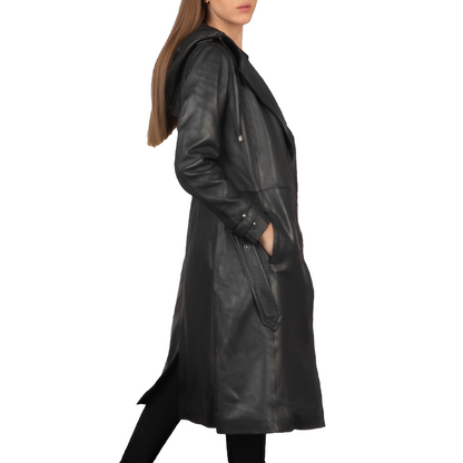 Women's Hooded Belted Black Leather Trench Coat