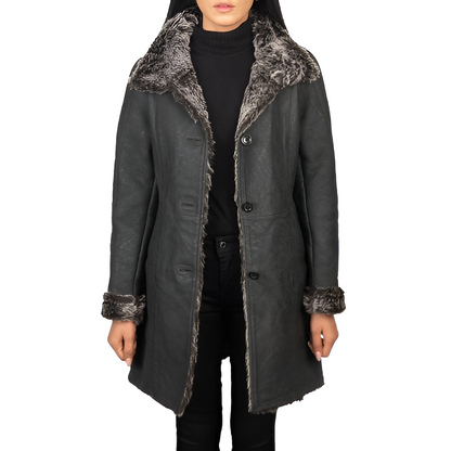 Women's Fur-Trimmed Shearling Black Leather Coat