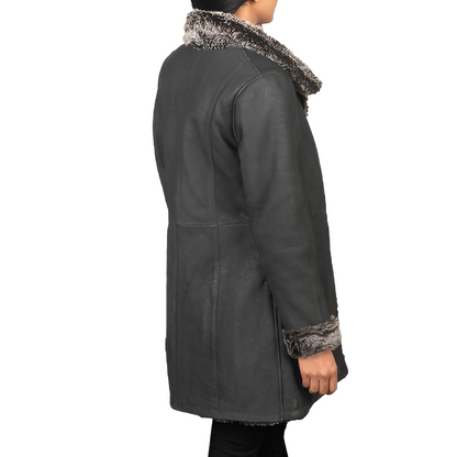 Women's Fur-Trimmed Shearling Black Leather Coat