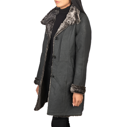 Women's Fur-Trimmed Shearling Black Leather Coat