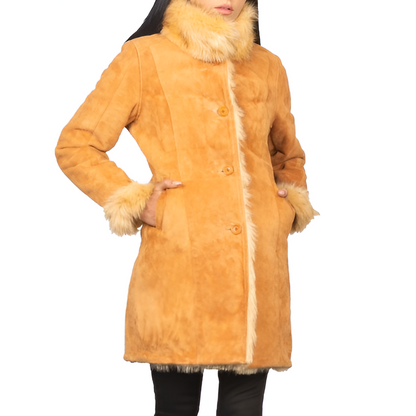 Women's Fur-Lined Suede Tan Coat