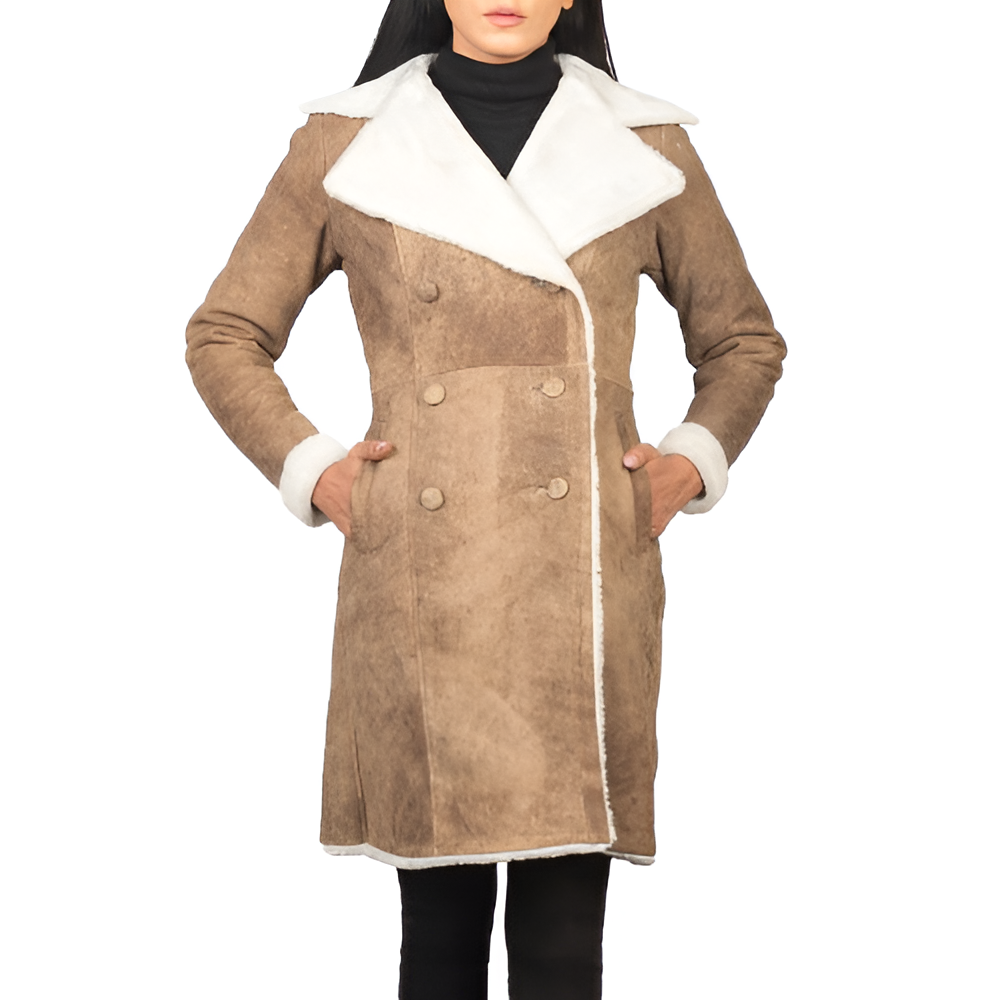 Women's Shearling Lined Brown Suede Coat