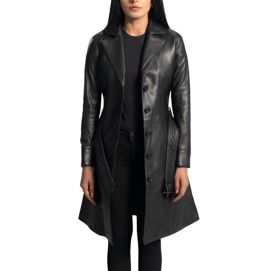 Women's Sleek Black Leather Trench Coat