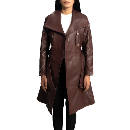 Women's Burgundy Studded Leather Trench Coat