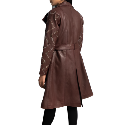 Women's Burgundy Studded Leather Trench Coat