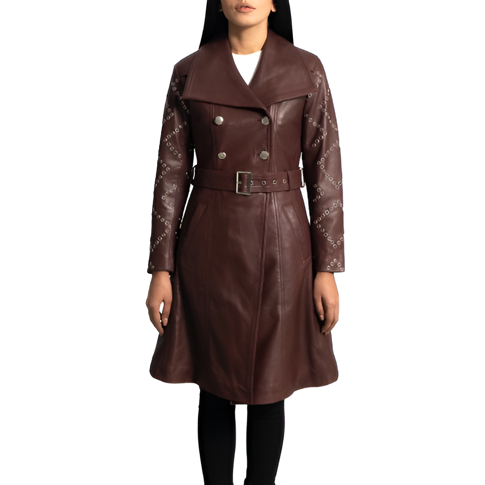 Women's Burgundy Studded Leather Trench Coat