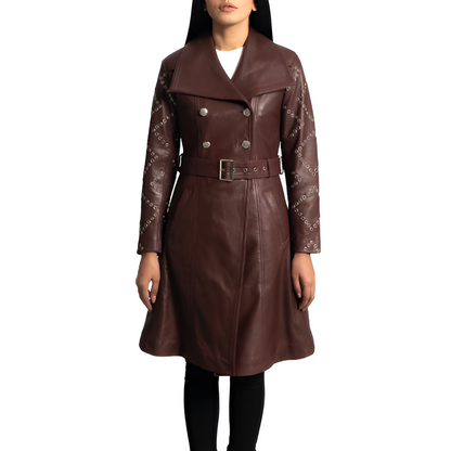 Women's Burgundy Studded Leather Trench Coat