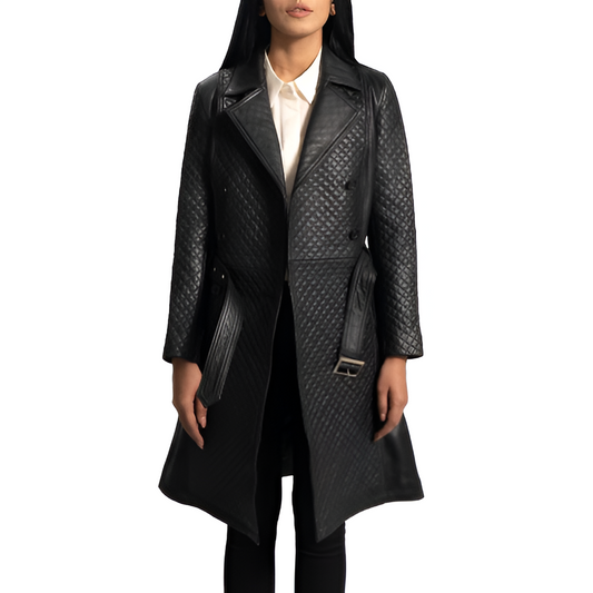 Women's Quilted Black Leather Trench Coat