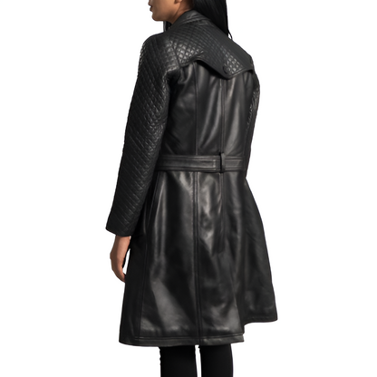 Women's Quilted Black Leather Trench Coat