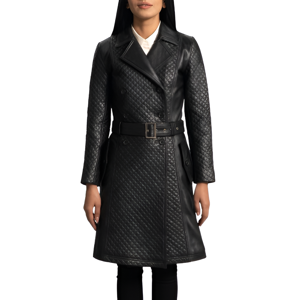 Women's Quilted Black Leather Trench Coat