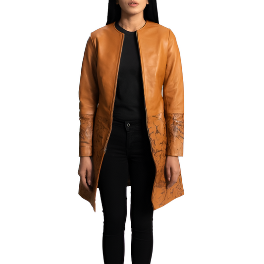 Women's Tan Leather Coat with Artistic Detailing