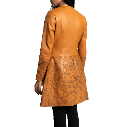 Women's Tan Leather Coat with Artistic Detailing