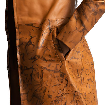 Women's Tan Leather Coat with Artistic Detailing