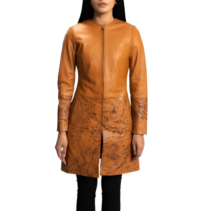 Women's Tan Leather Coat with Artistic Detailing