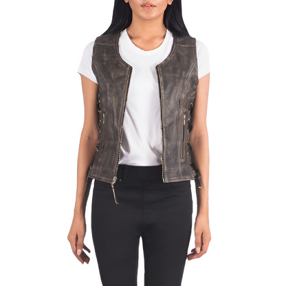 Women's Distressed Leather Vest with Side Lace-Up