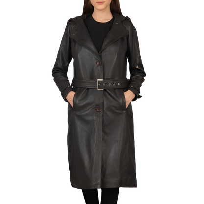 Women's Belted Black Leather Trench Coat