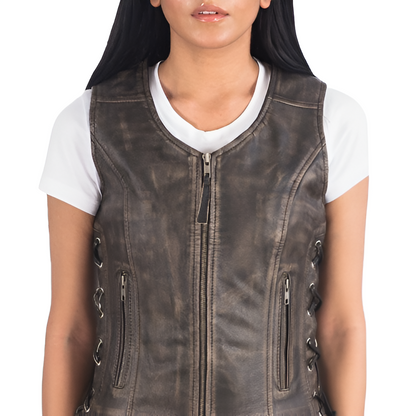 Women's Distressed Leather Vest with Side Lace-Up