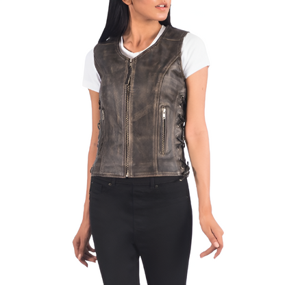 Women's Distressed Leather Vest with Side Lace-Up