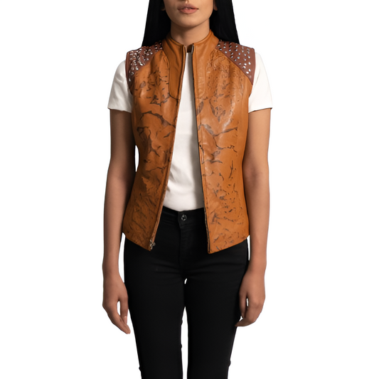 Women's Distressed Leather Studded Vest